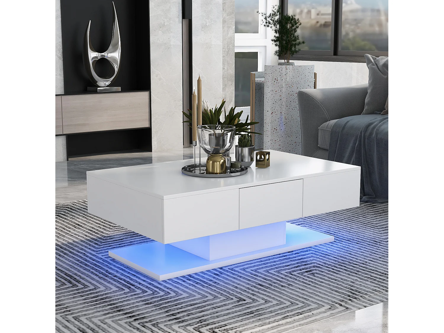 Table basse moderne 2 tiroirs finition brillante blanc salon bureau