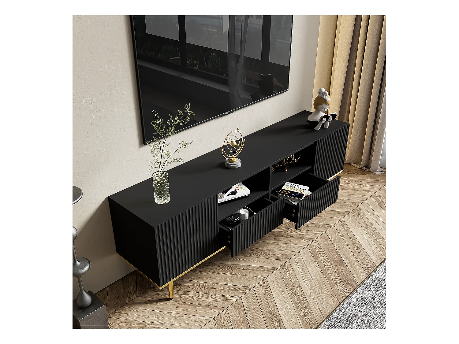 TV-meubel 165x36x55 cm met twee vakken en twee lades van zwarte spaanplaat voor de woonkamer