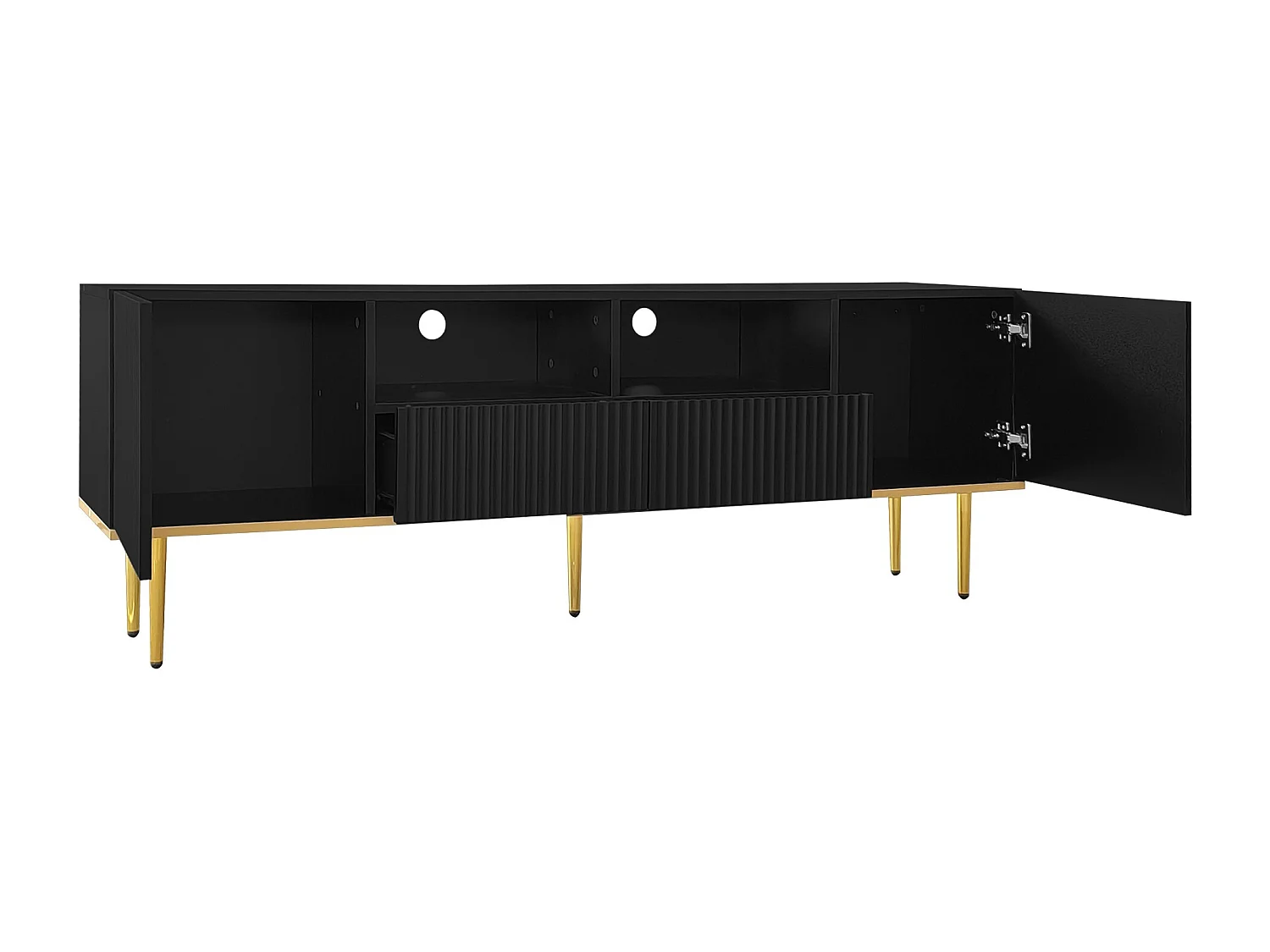 Meuble TV 165x36x55 cm avec deux compartiments et deux tiroirs panneaux de particules en noir pour salon