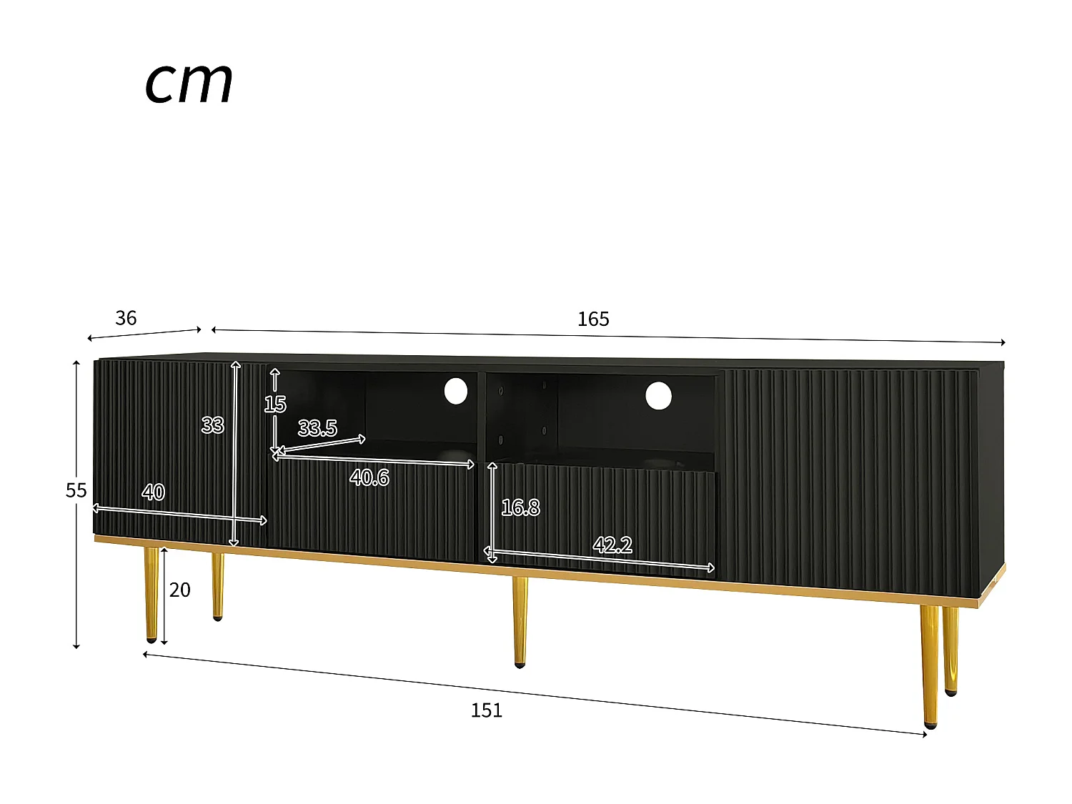 Meuble TV 165x36x55 cm, 2 compartiments, 2 tiroirs, ouverture one click, panneaux de particules noir