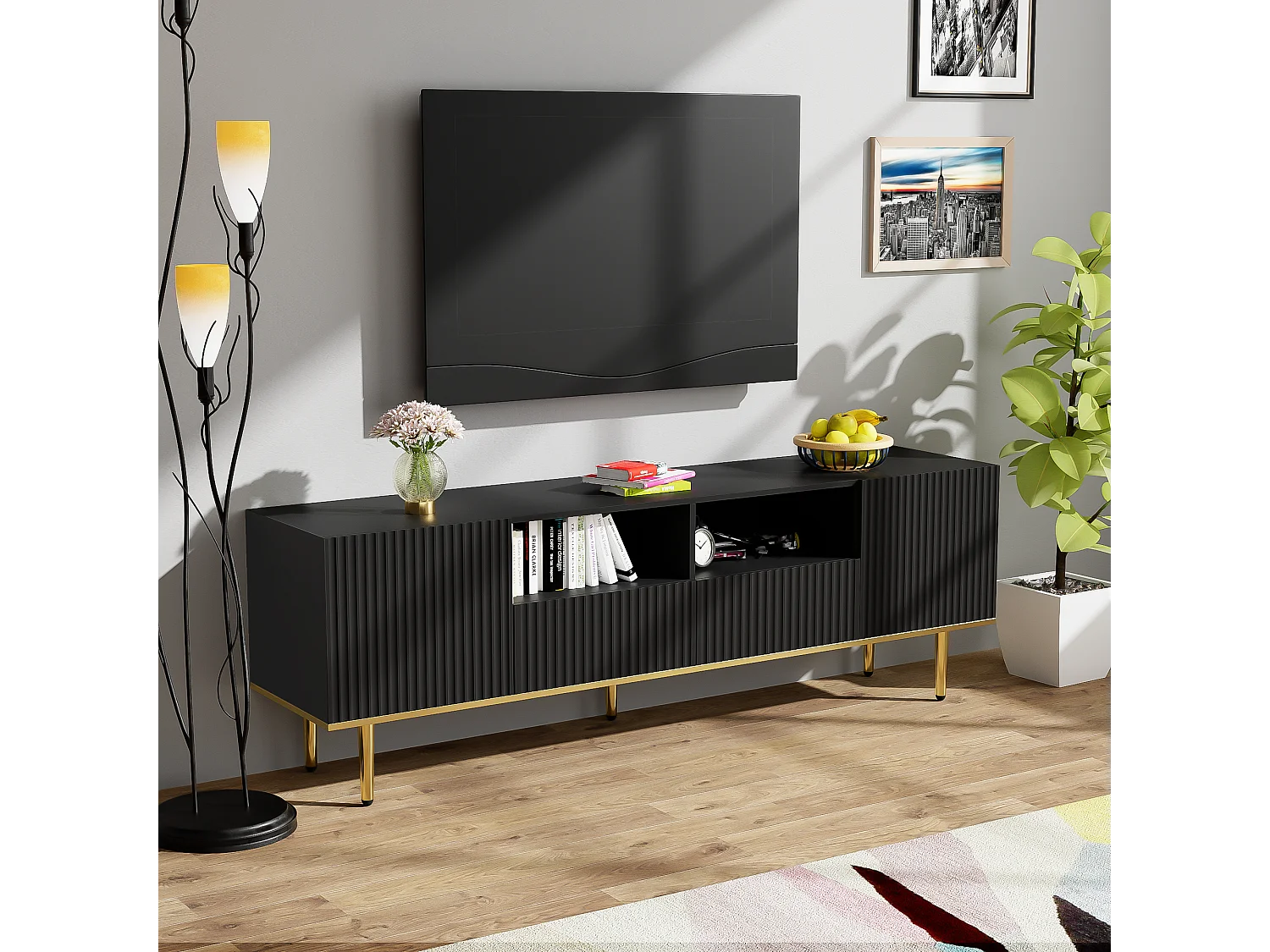 Meuble TV 165x36x55 cm avec deux compartiments et deux tiroirs panneaux de particules en noir pour salon