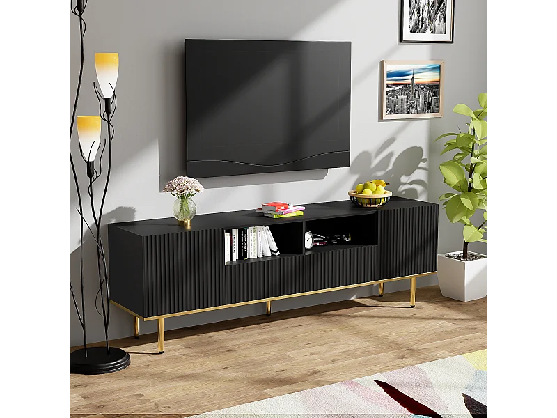 TV-meubel 165x36x55 cm met twee vakken en twee lades van zwarte spaanplaat voor de woonkamer