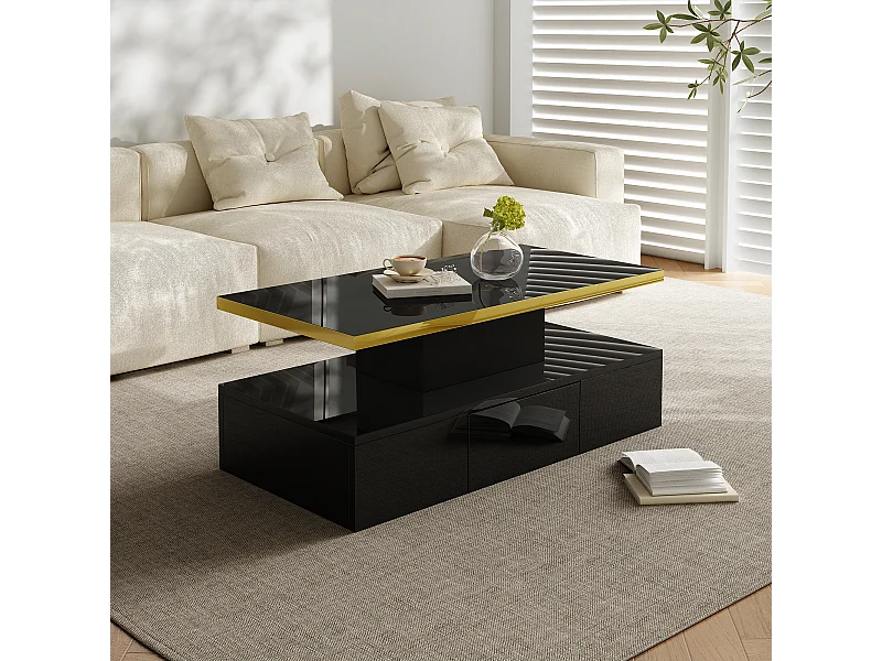Table basse 100x50x38.5cm Avec lumière LED avec tiroir Espace de rangement Matériel Panneau de particules Noir pour salon