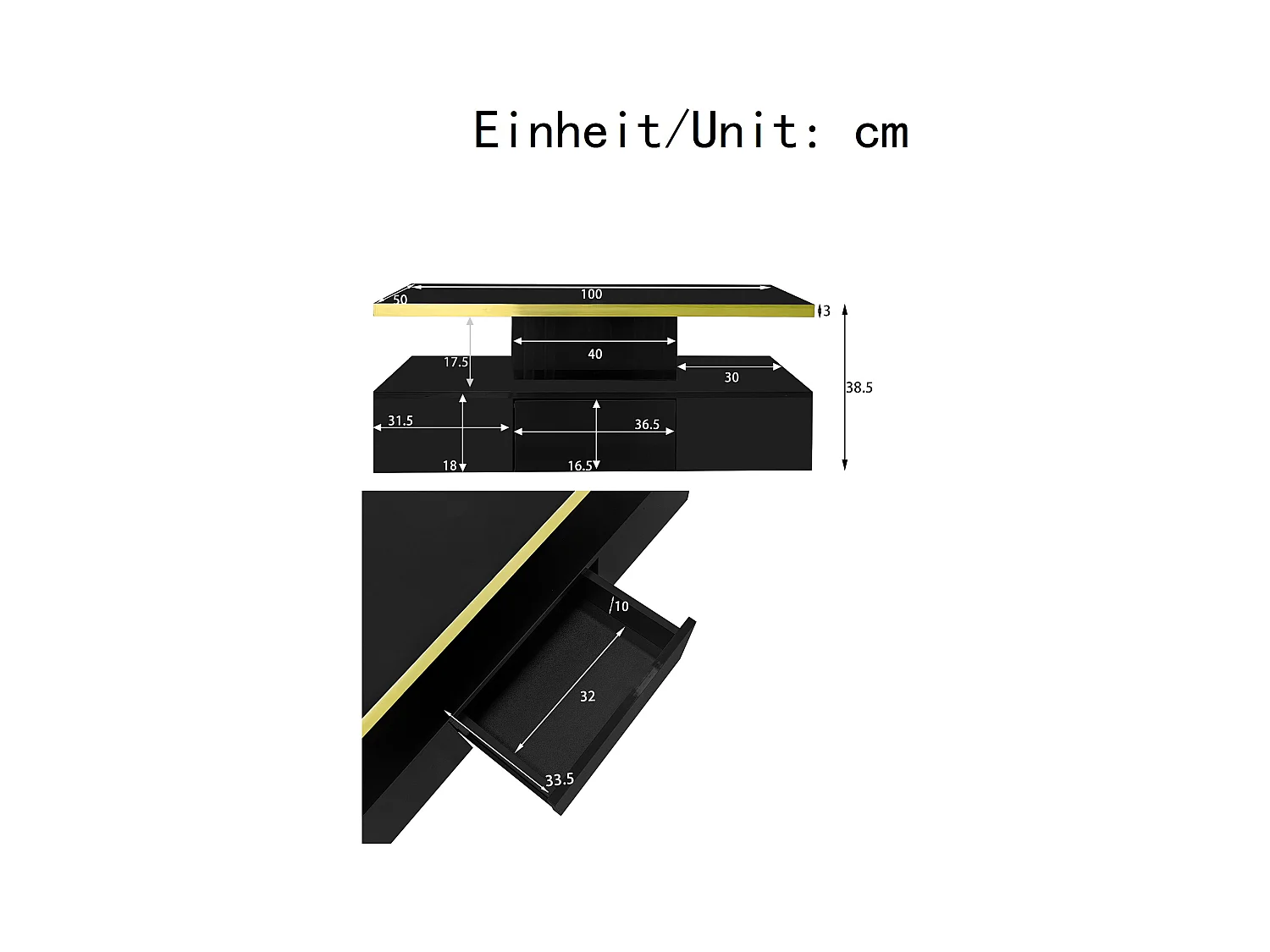 Table basse 100x50x38.5cm Avec lumière LED avec tiroir Espace de rangement Matériel Panneau de particules Noir pour salon