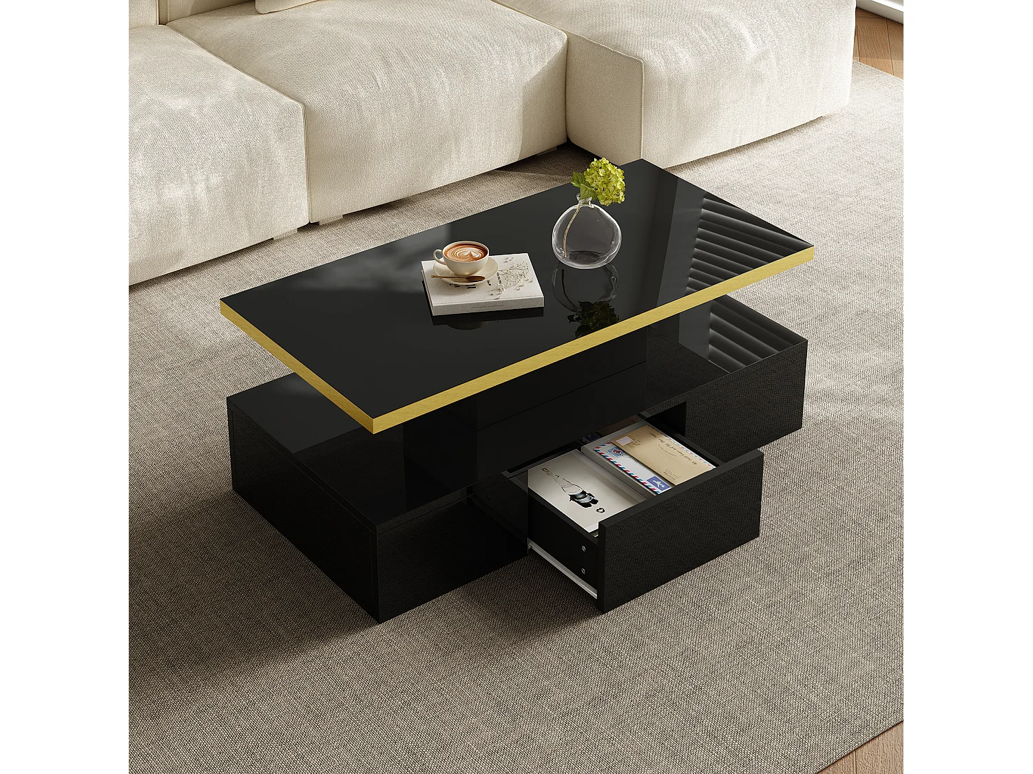 Salontafel 100x50x39 cm, 2 niveaus, ingebouwde lade, glanzende afwerking, spaanplaat, zwart