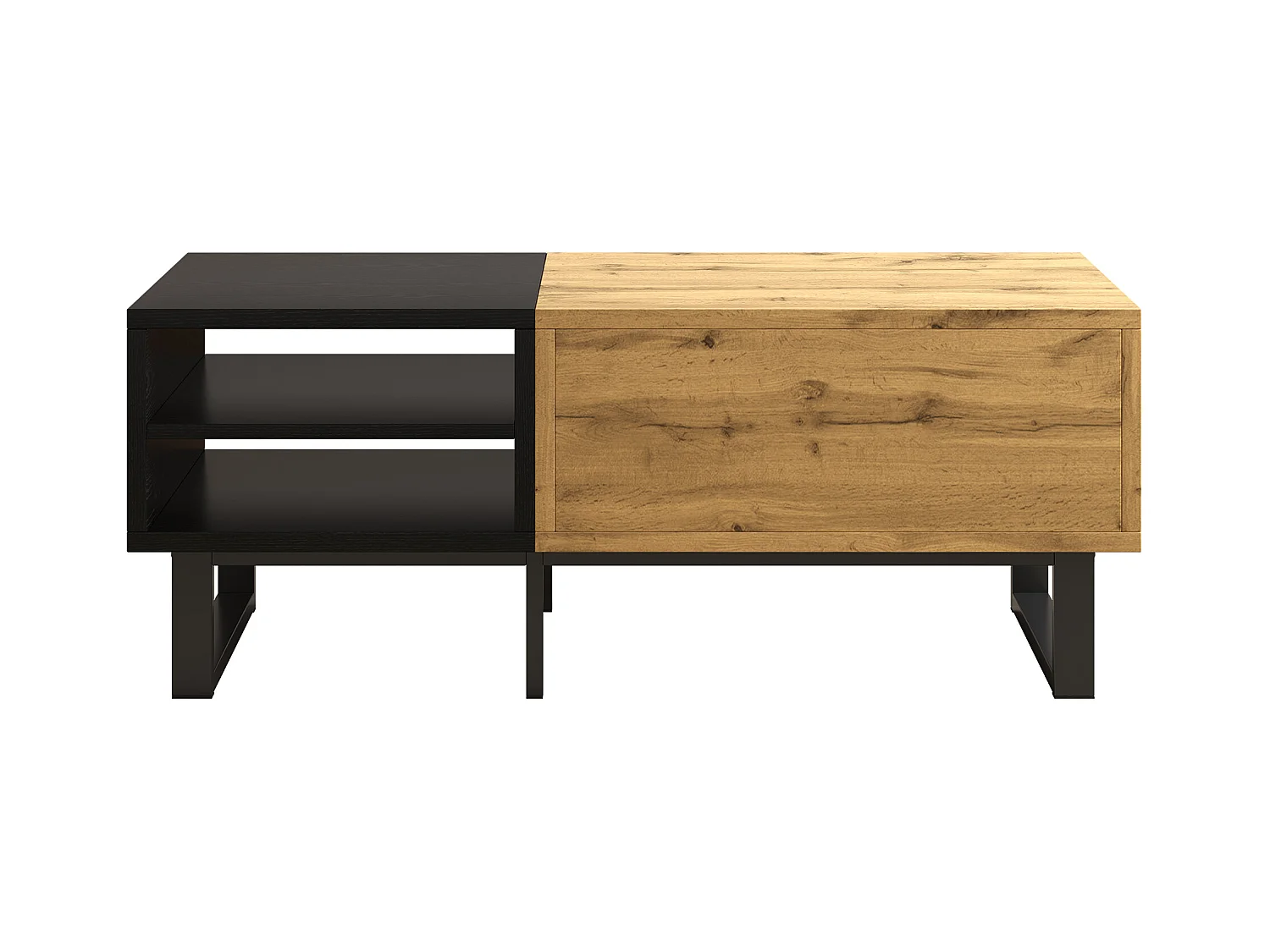 Table basse 100x50x40 cm avec compartiments et tiroirs panneaux de particules en naturel et noir