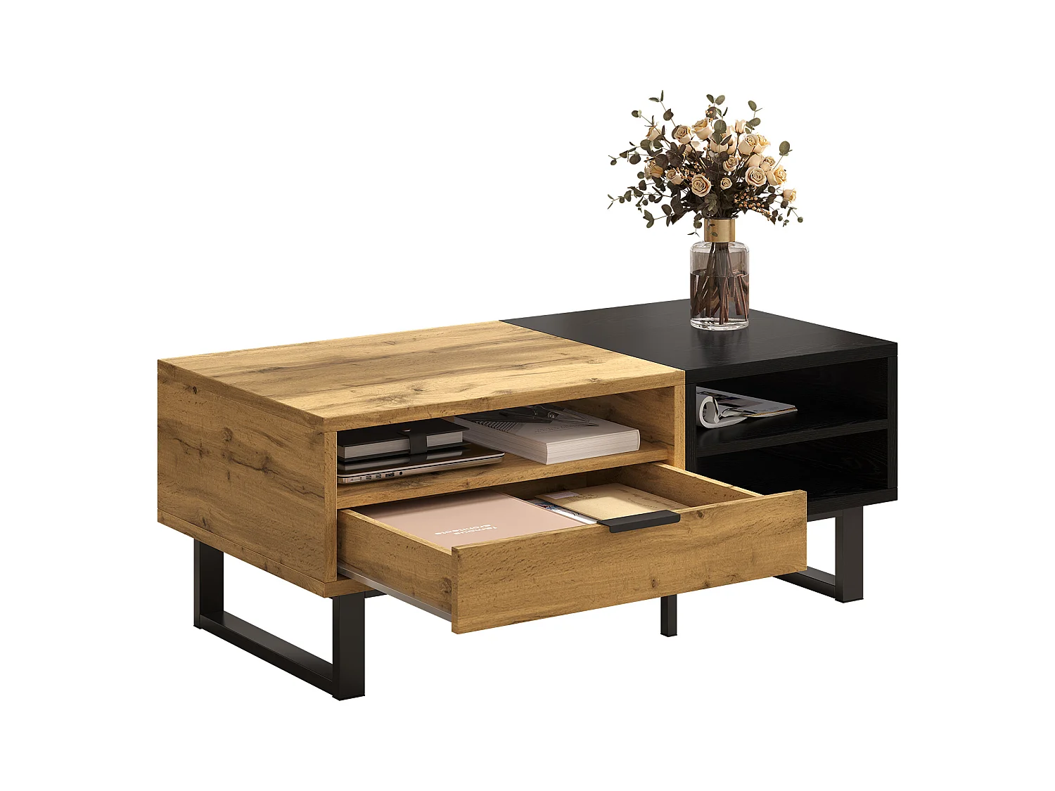 Table basse 100x50x40 cm avec compartiments et tiroirs panneaux de particules en naturel et noir