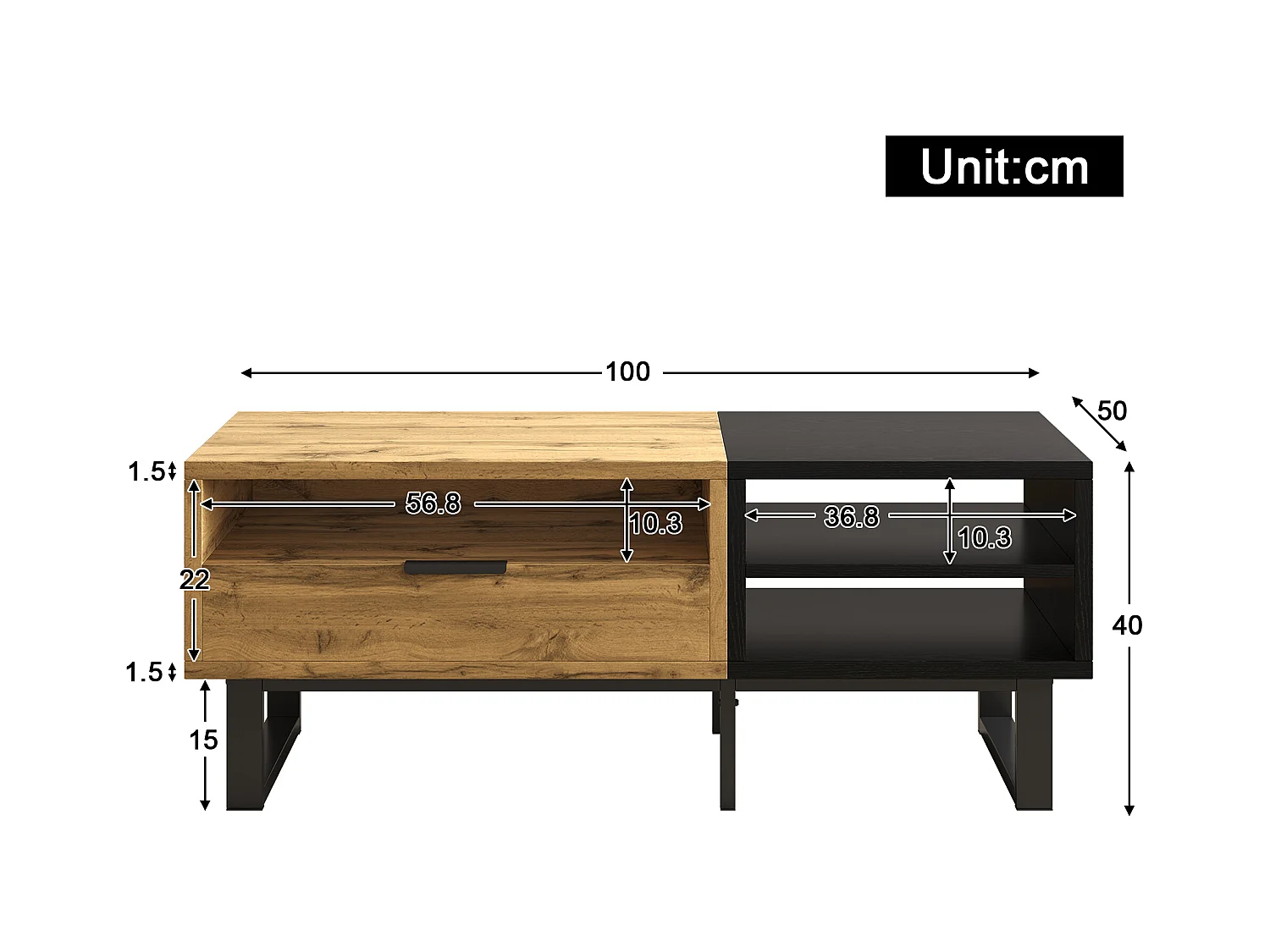 Table basse 100x50x40 cm avec compartiments et tiroirs panneaux de particules en naturel et noir