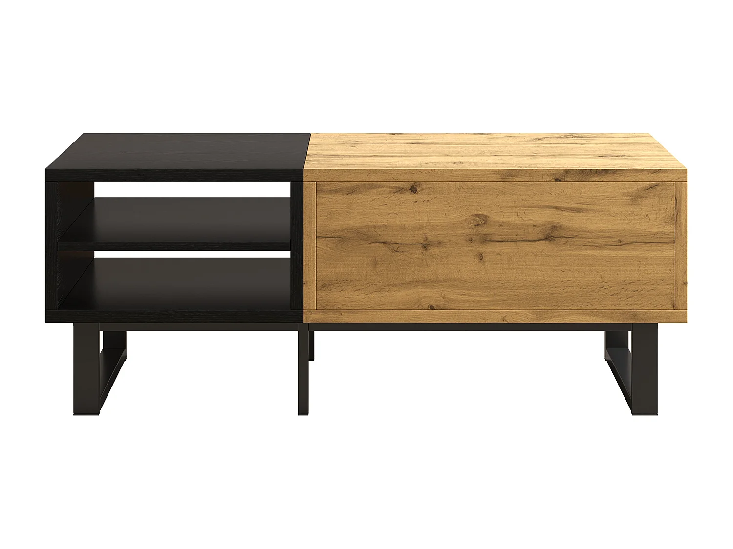 Table basse 100x50x40 cm avec compartiments et tiroirs panneaux de particules en naturel et noir