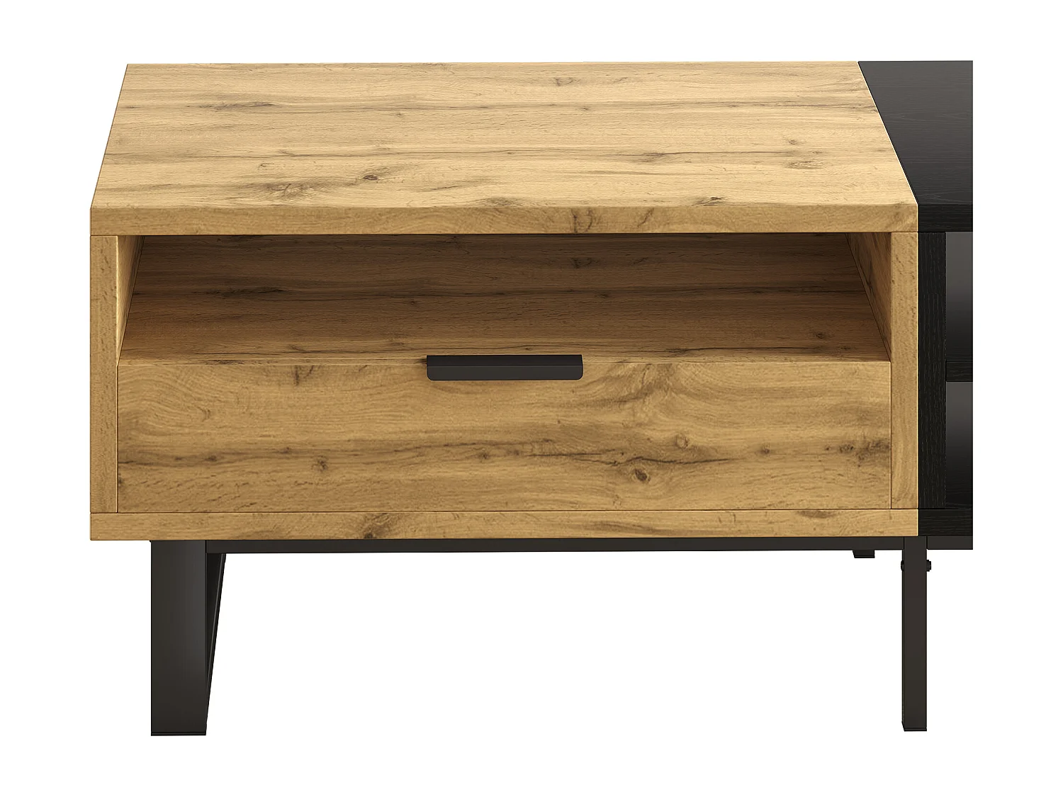 Table basse 100x50x40 cm, rangements avec 3 compartiments et tiroir, poignées en fer, panneau de particules naturel et noir