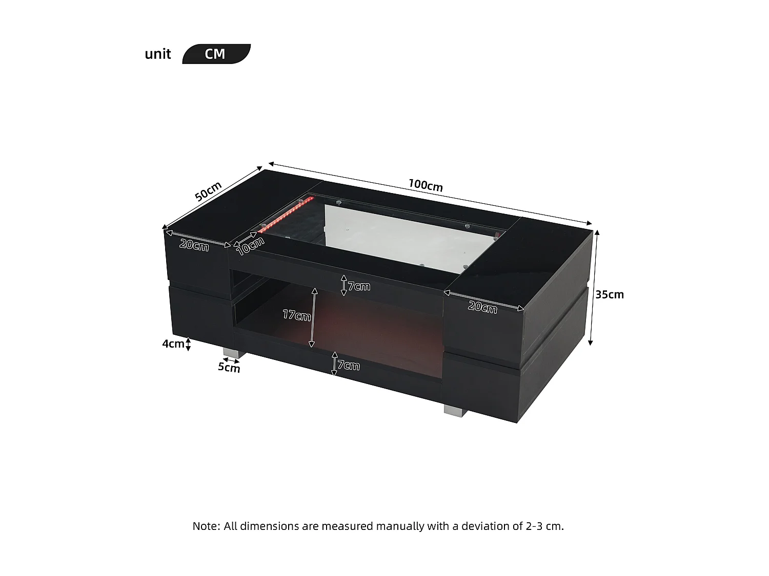 Table basse LED verre brillant double couche design creux noir salon bureau fête