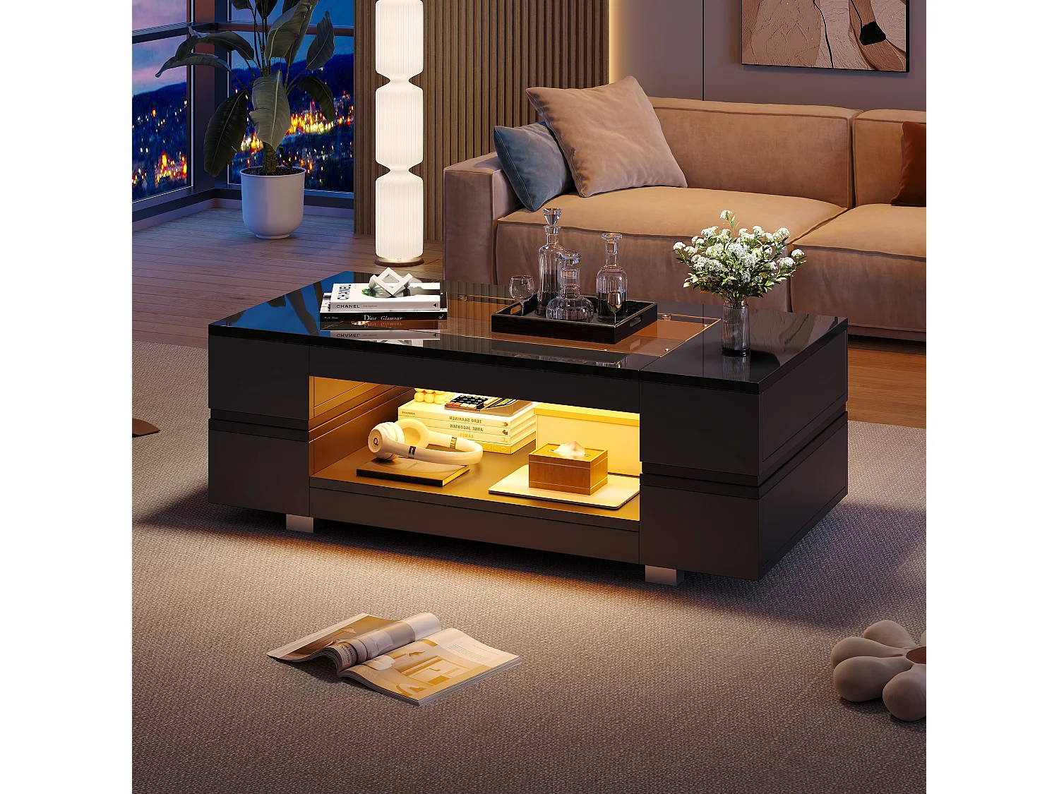Table basse LED verre brillant double couche design creux noir salon bureau fête