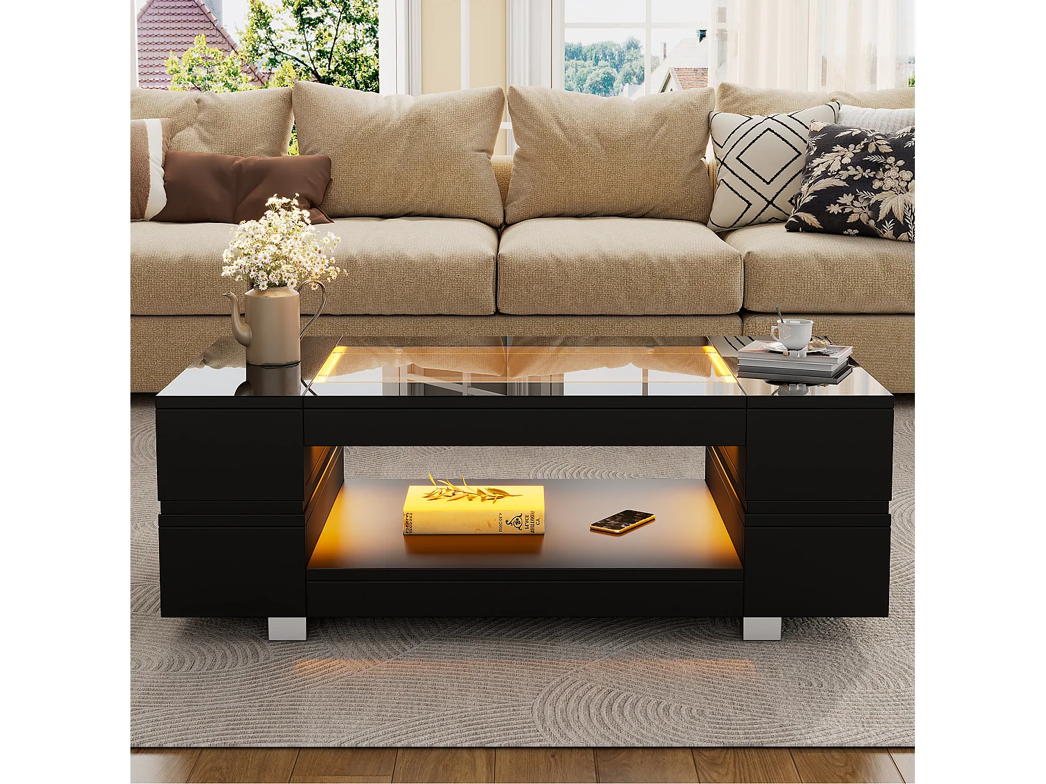 Table basse LED verre brillant double couche design creux noir salon bureau fête