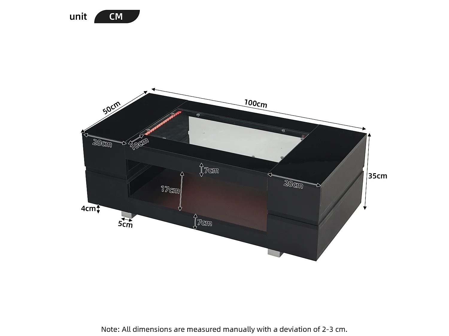 Table basse LED verre brillant double couche design creux noir salon bureau fête