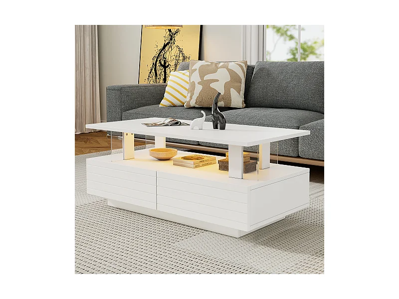 Table basse LED acrylique rangement intégré commande multifonction blanc pour salon