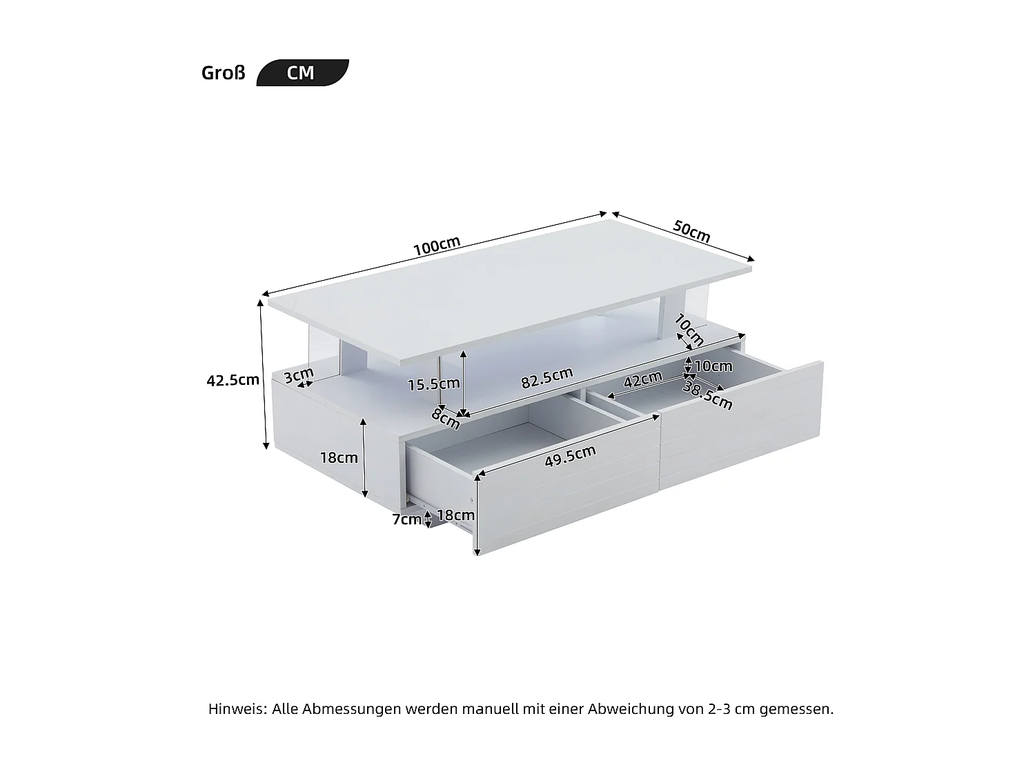Table basse LED acrylique rangement intégré commande multifonction blanc pour salon