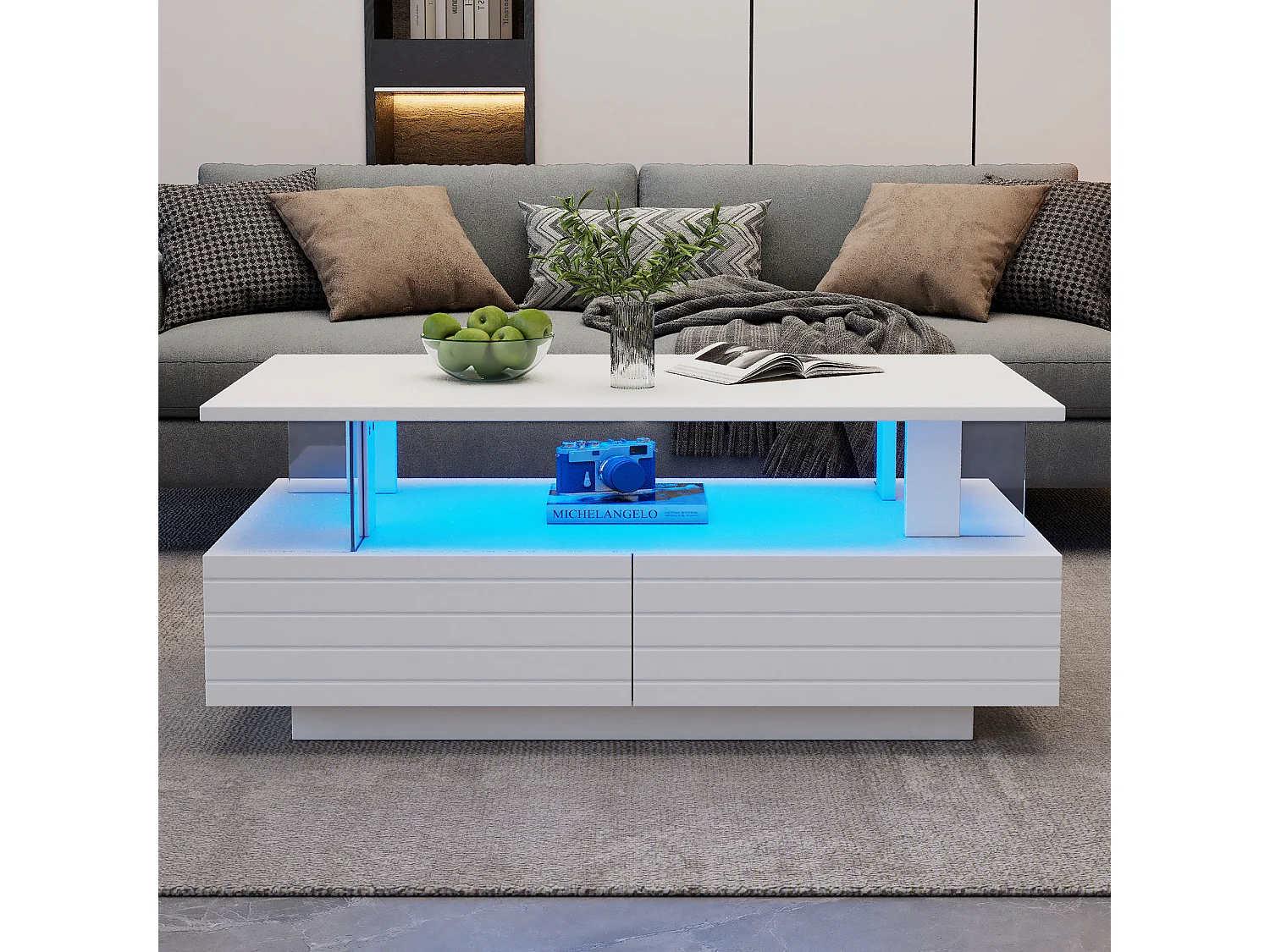 Table basse LED 100x50x42 cm, contrôle par application et télécommande, 2 tiroirs, double niveau, acrylique blanc