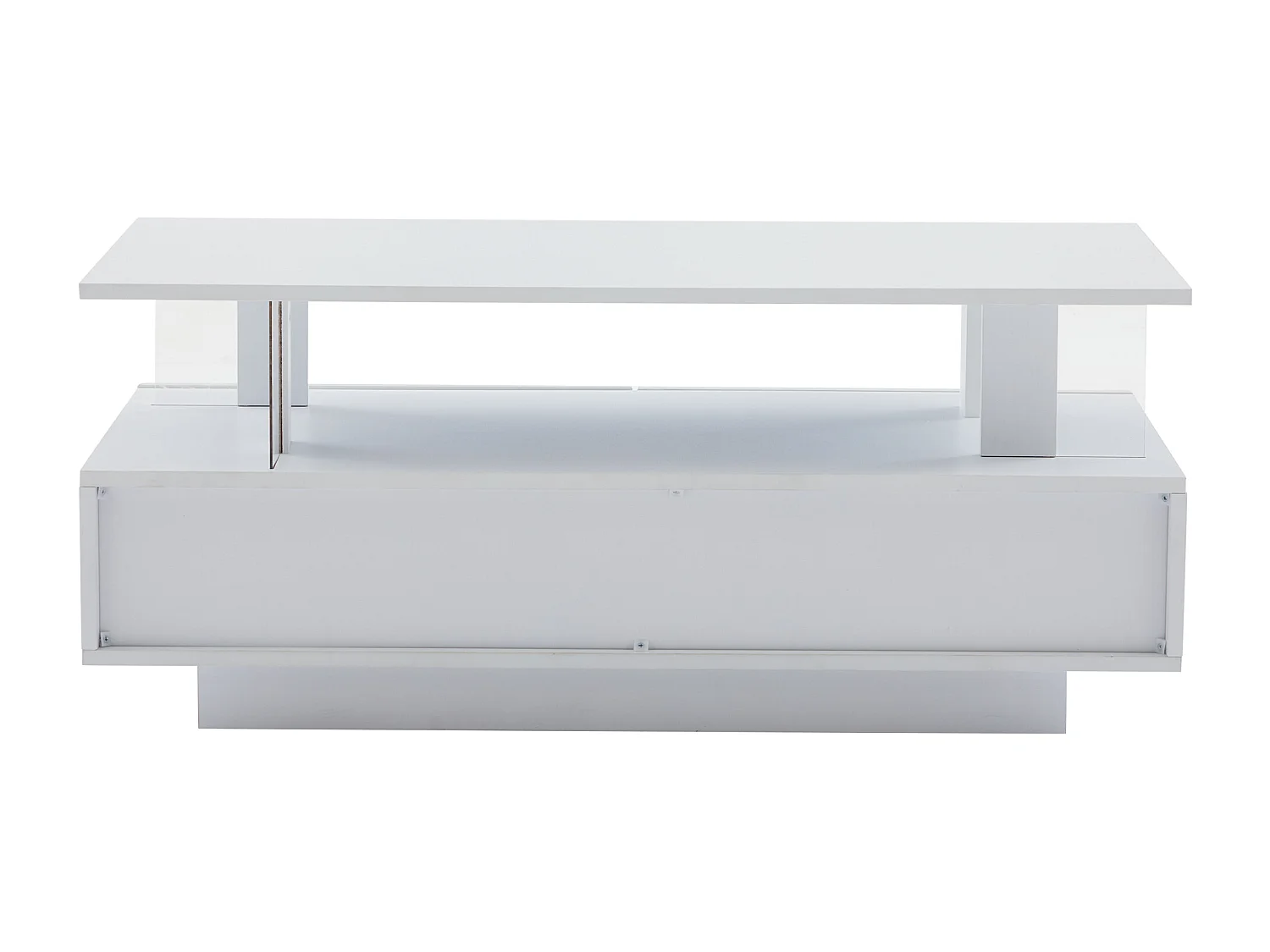 Table basse LED 100x50x42 cm, contrôle par application et télécommande, 2 tiroirs, double niveau, acrylique blanc