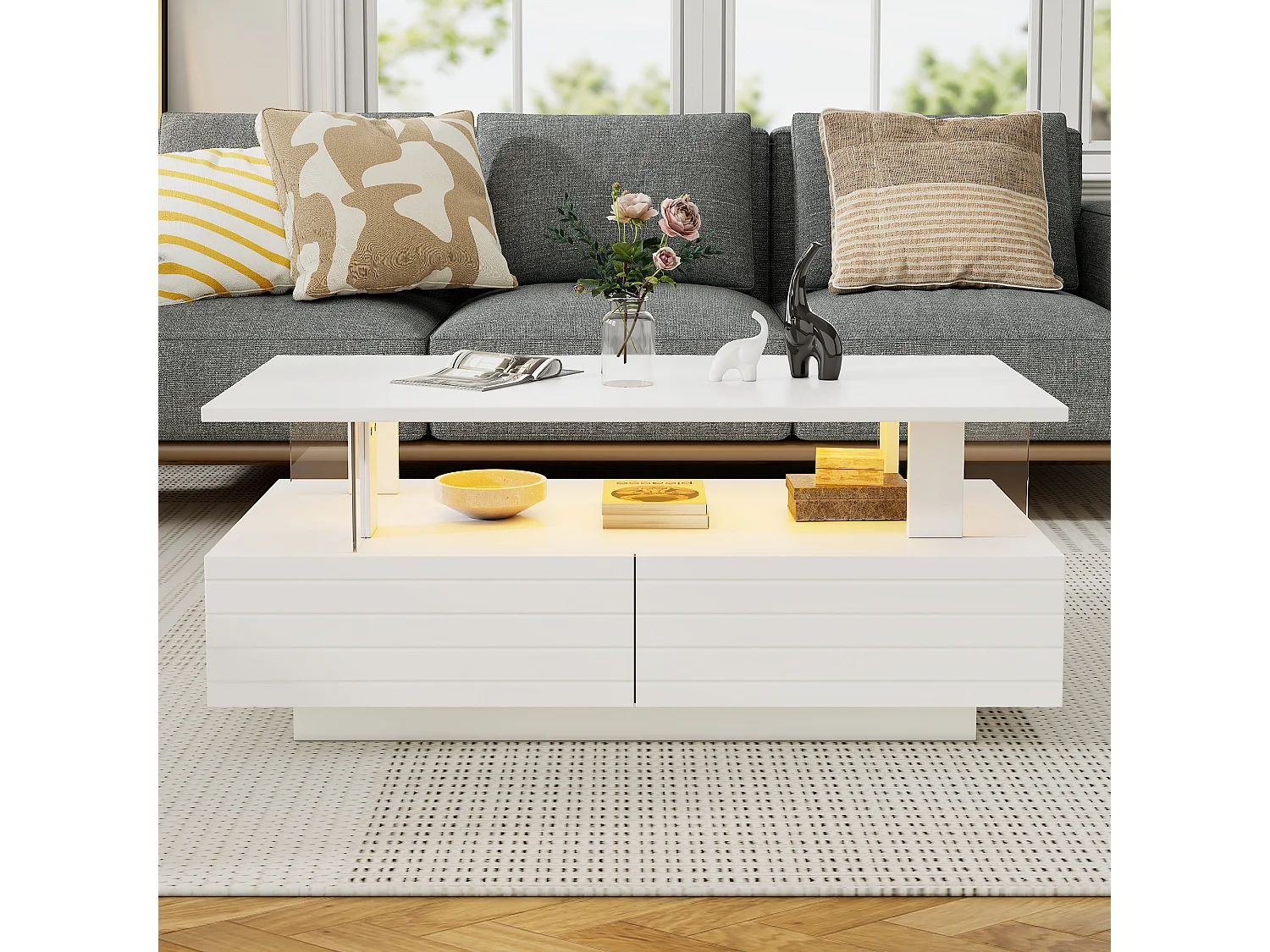 Table basse LED 100x50x42 cm, contrôle par application et télécommande, 2 tiroirs, double niveau, acrylique blanc