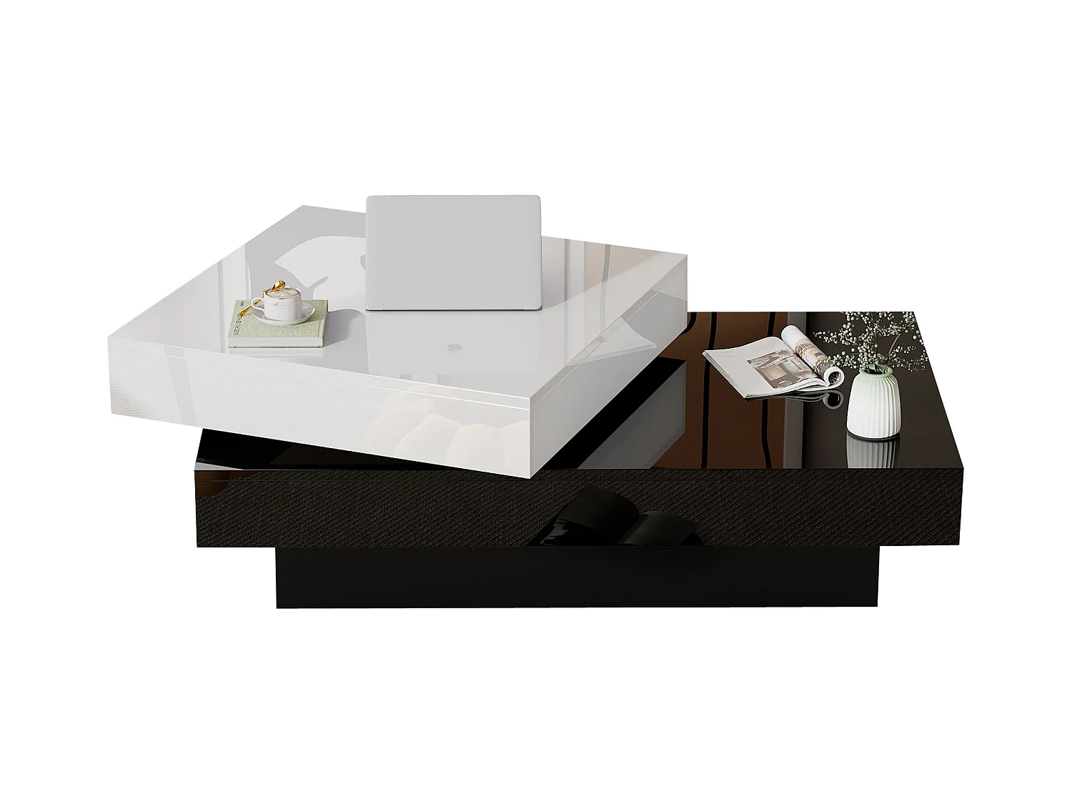 Moderne draaibare salontafel met glanzende afwerking in zwart-wit spaanplaat voor woonkamer en appartement