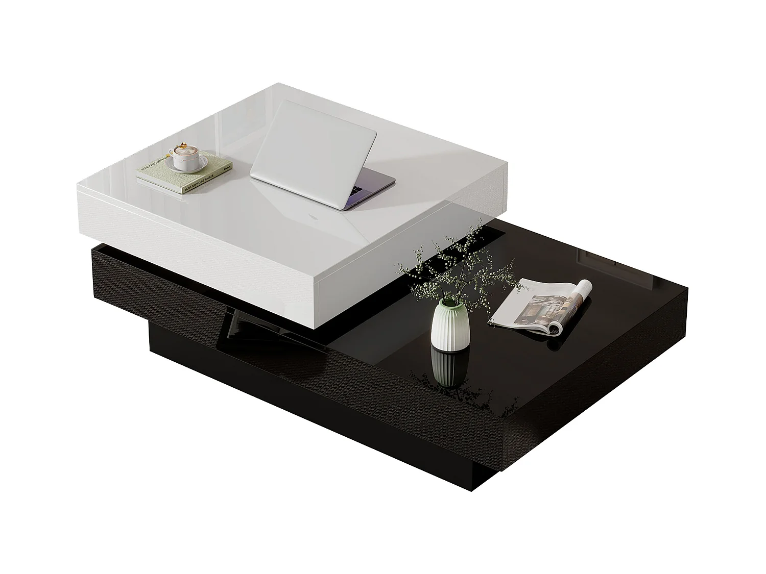 Moderne draaibare salontafel met glanzende afwerking in zwart-wit spaanplaat voor woonkamer en appartement