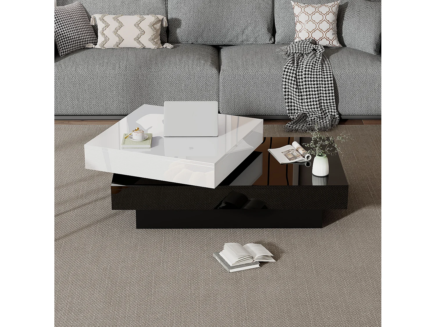 Table basse pivotante moderne finition brillante panneau particules noir blanc pour salon appartement
