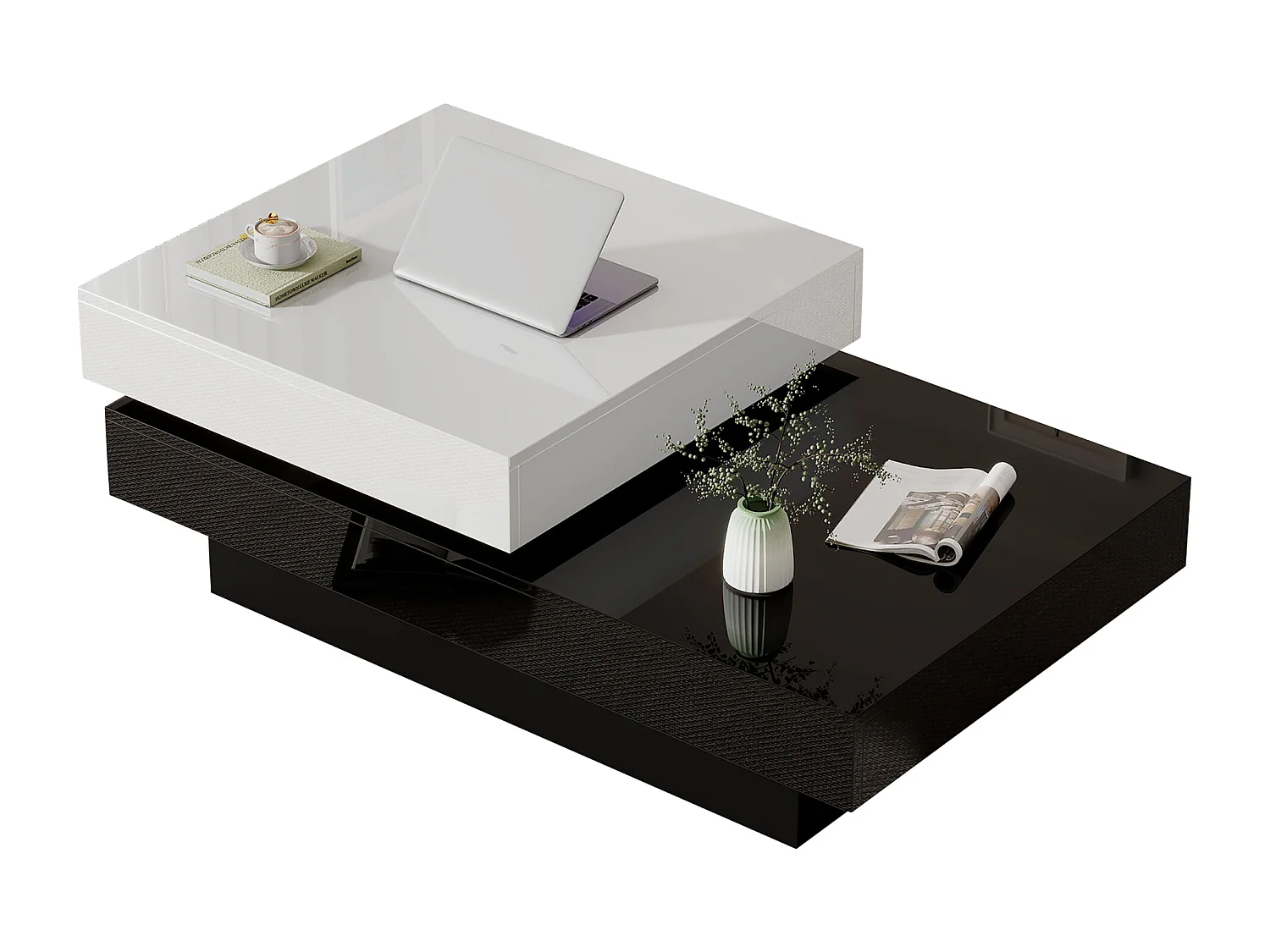 Table basse pivotante moderne finition brillante panneau particules noir blanc pour salon appartement