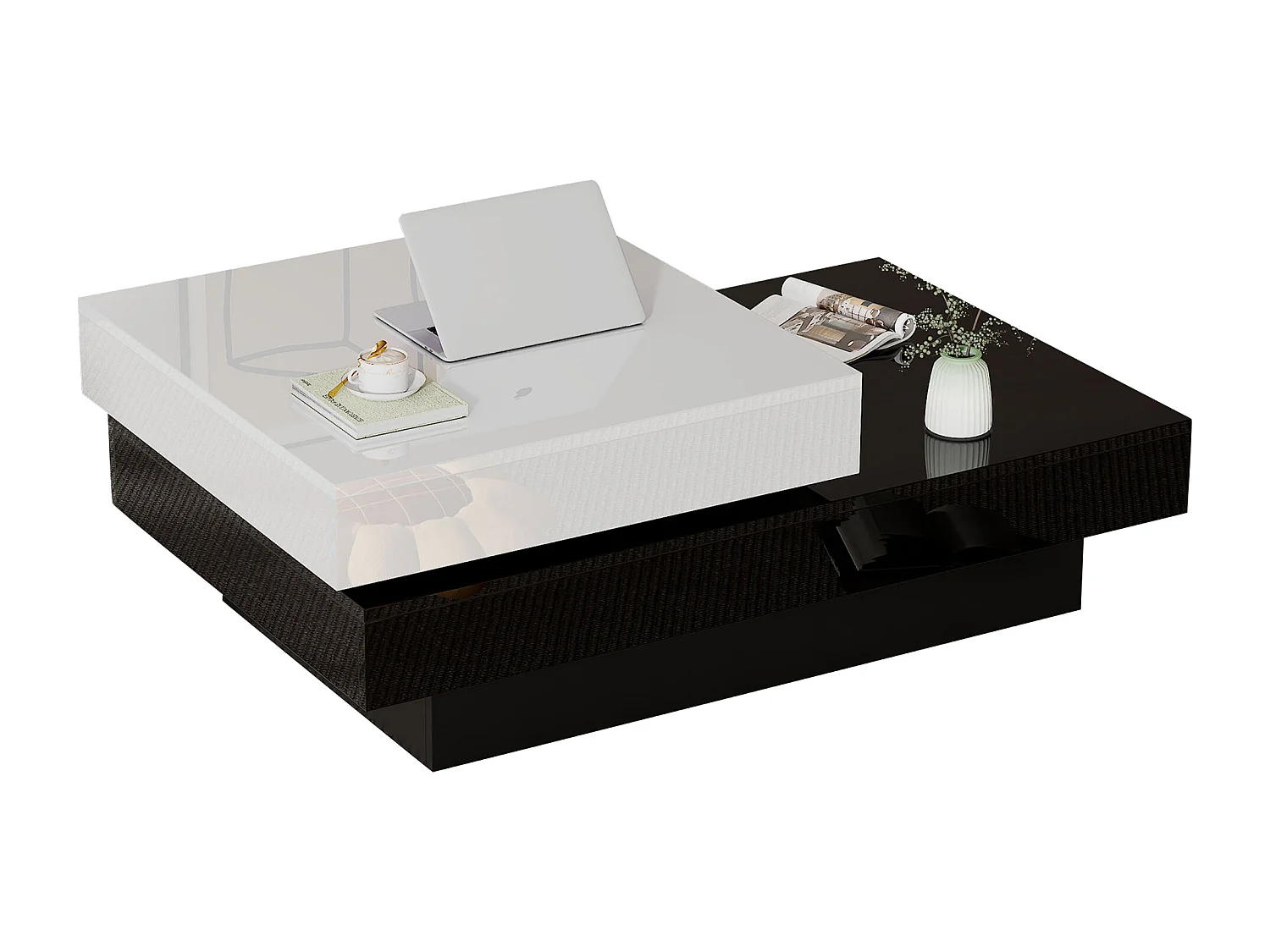 Table basse 103x60x35.5 cm, plateau pivotant, 2 niveaux de rangement, panneau de particules, blanc et noir