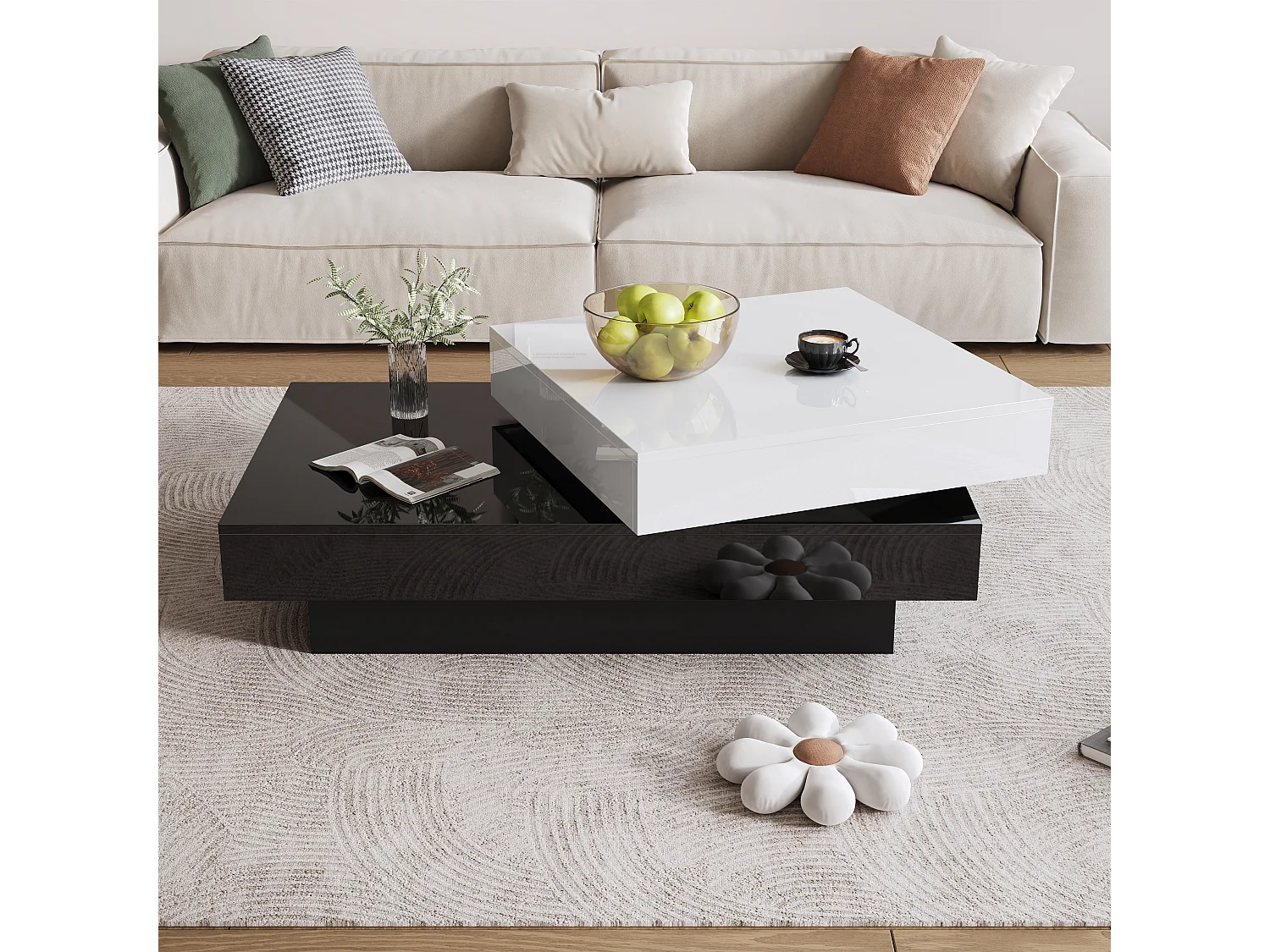 Table basse 103x60x35.5 cm, plateau pivotant, 2 niveaux de rangement, panneau de particules, blanc et noir