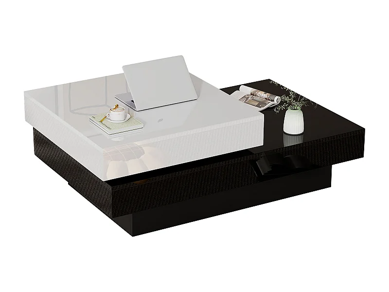 Table basse 103x60x35.5 cm, plateau pivotant, 2 niveaux de rangement, panneau de particules, blanc et noir