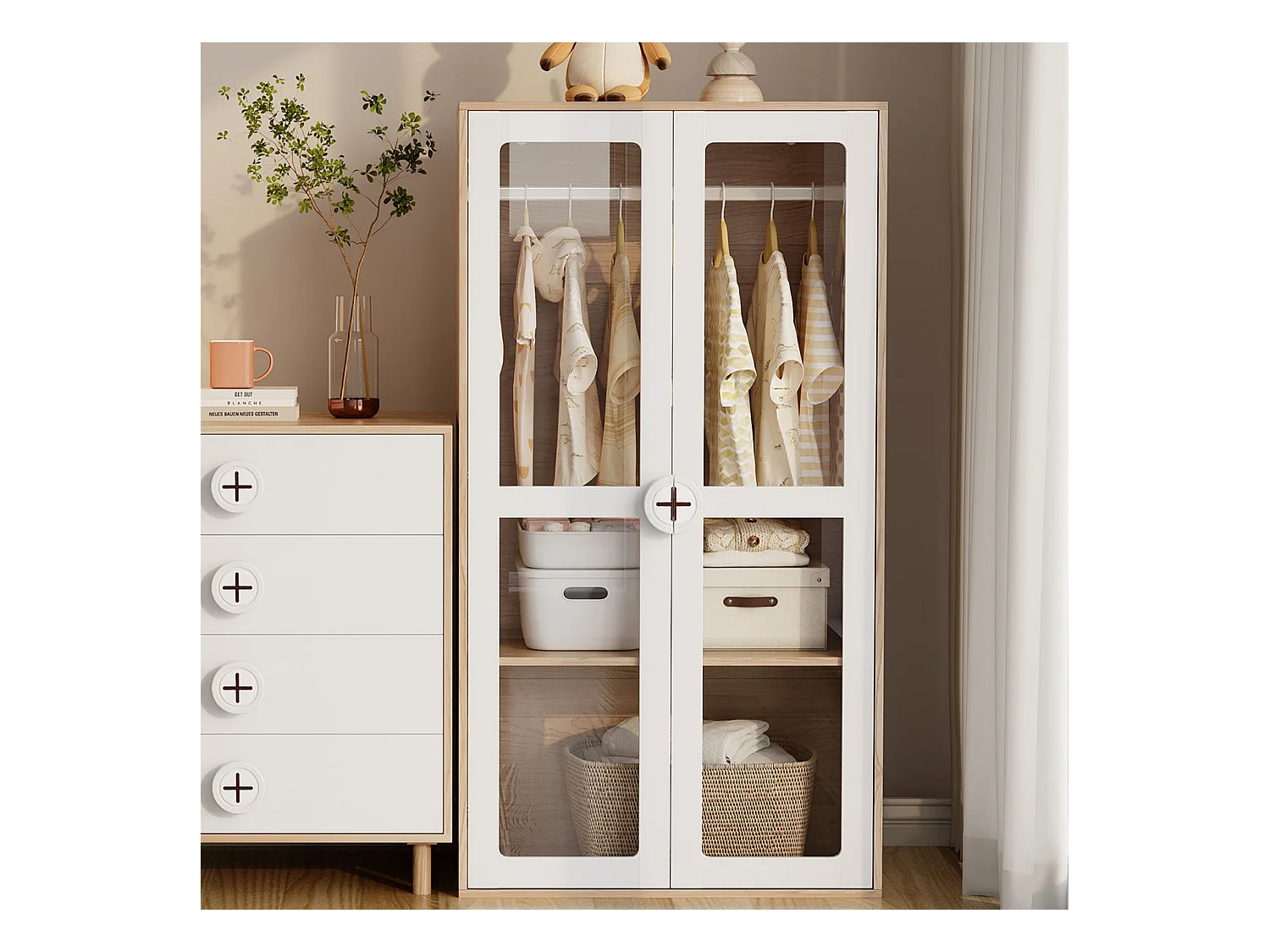 Armoire enfant avec 2 portes vitrées et portant à vêtements,  panneaux de particules , blanc + naturel.