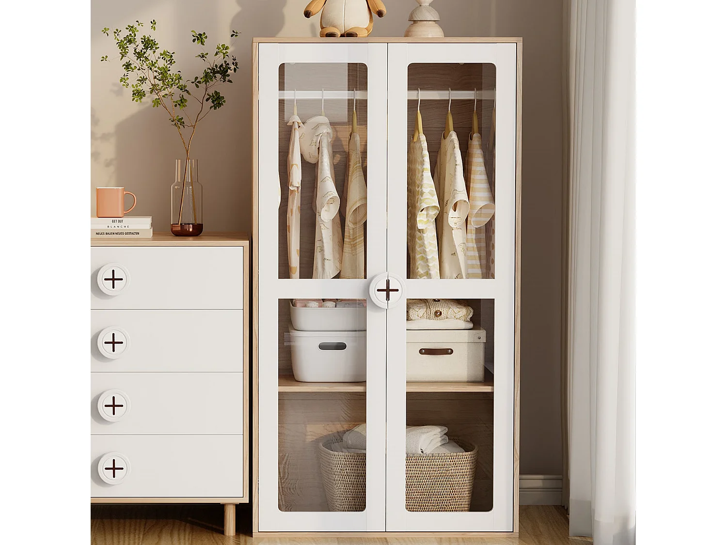 Armoire enfant avec 2 portes vitrées et portant à vêtements,  panneaux de particules , blanc + naturel.