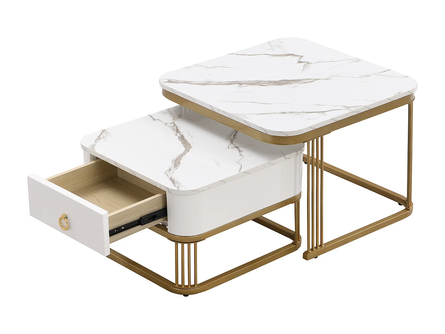 Set van 2 salontafels 60x60x45 cm met grote en kleine tafeltjes en lades MDF materiaal in wit voor woonkamer