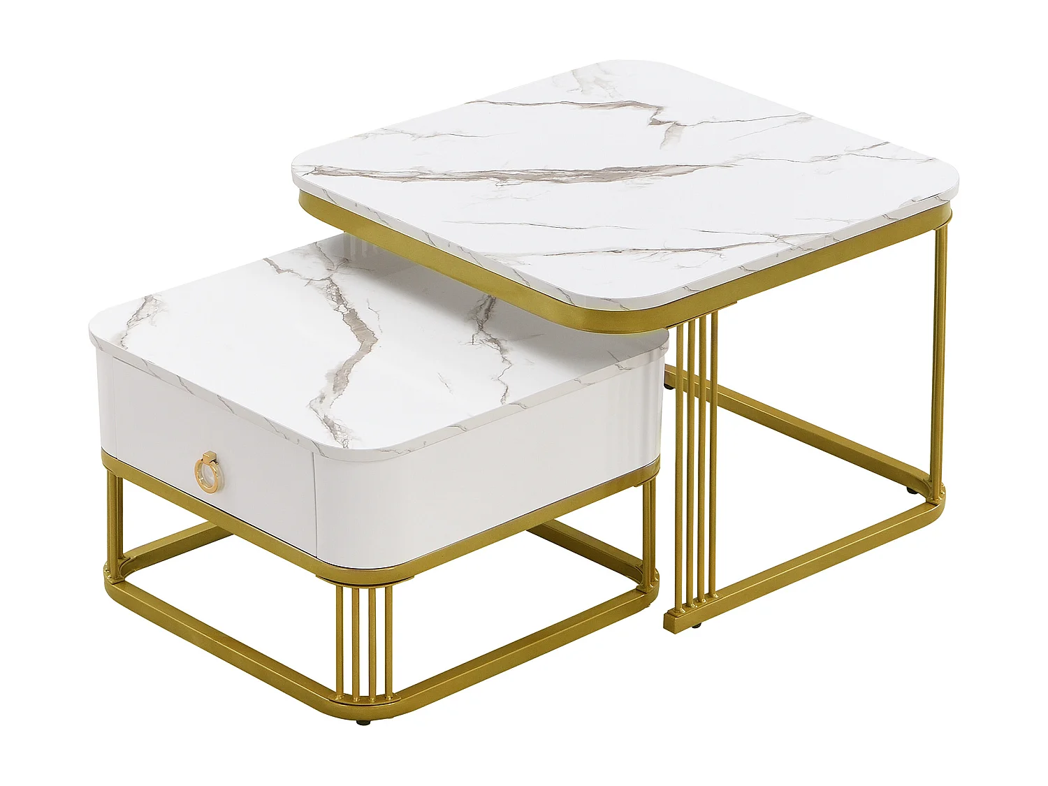 Set de 2 tables basses gigognes 60x60x45 cm, effet marbre brillant, avec tiroir, MDF blanc