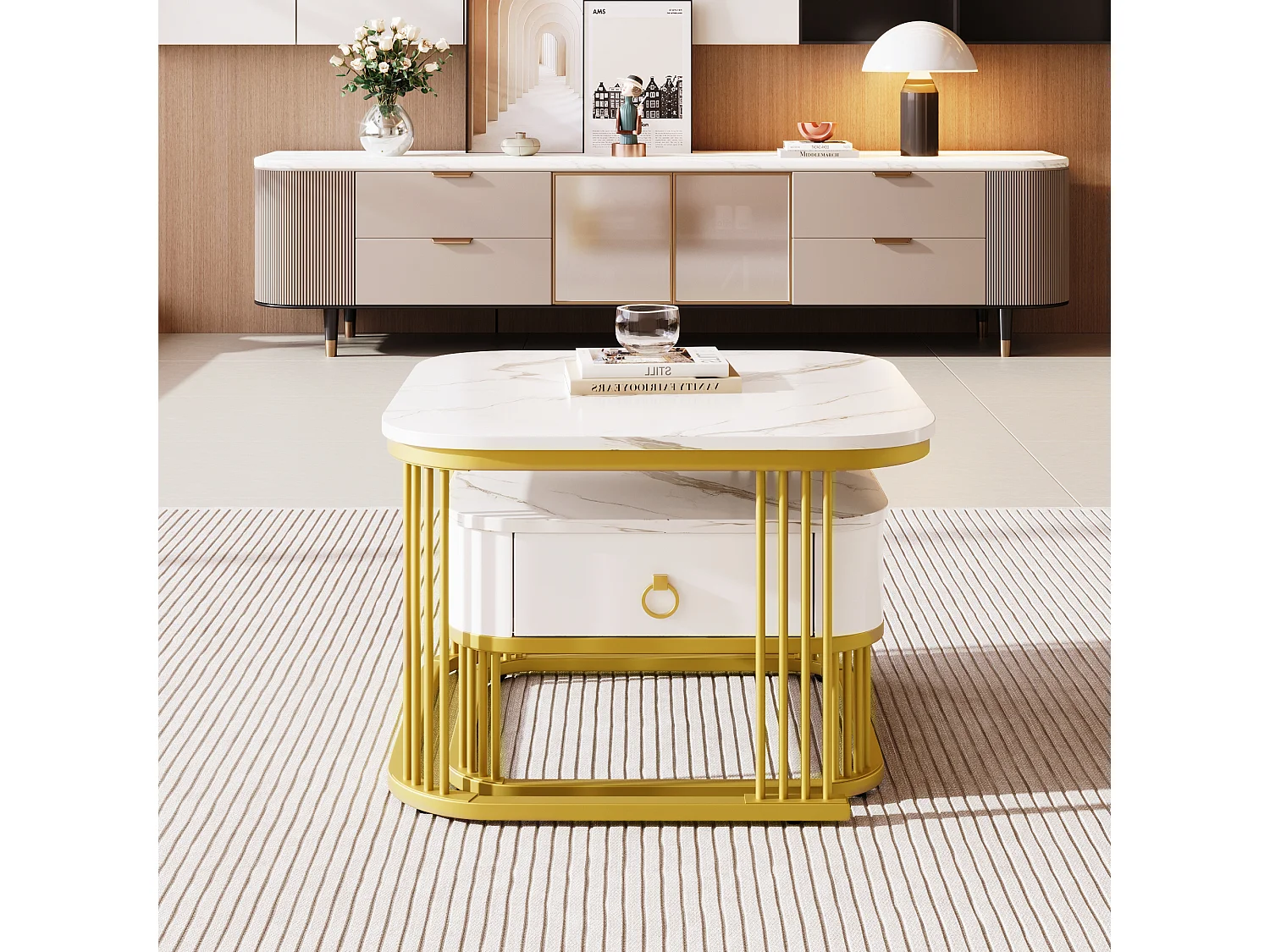 Set de 2 tables basses gigognes 60x60x45 cm, effet marbre brillant, avec tiroir, MDF blanc