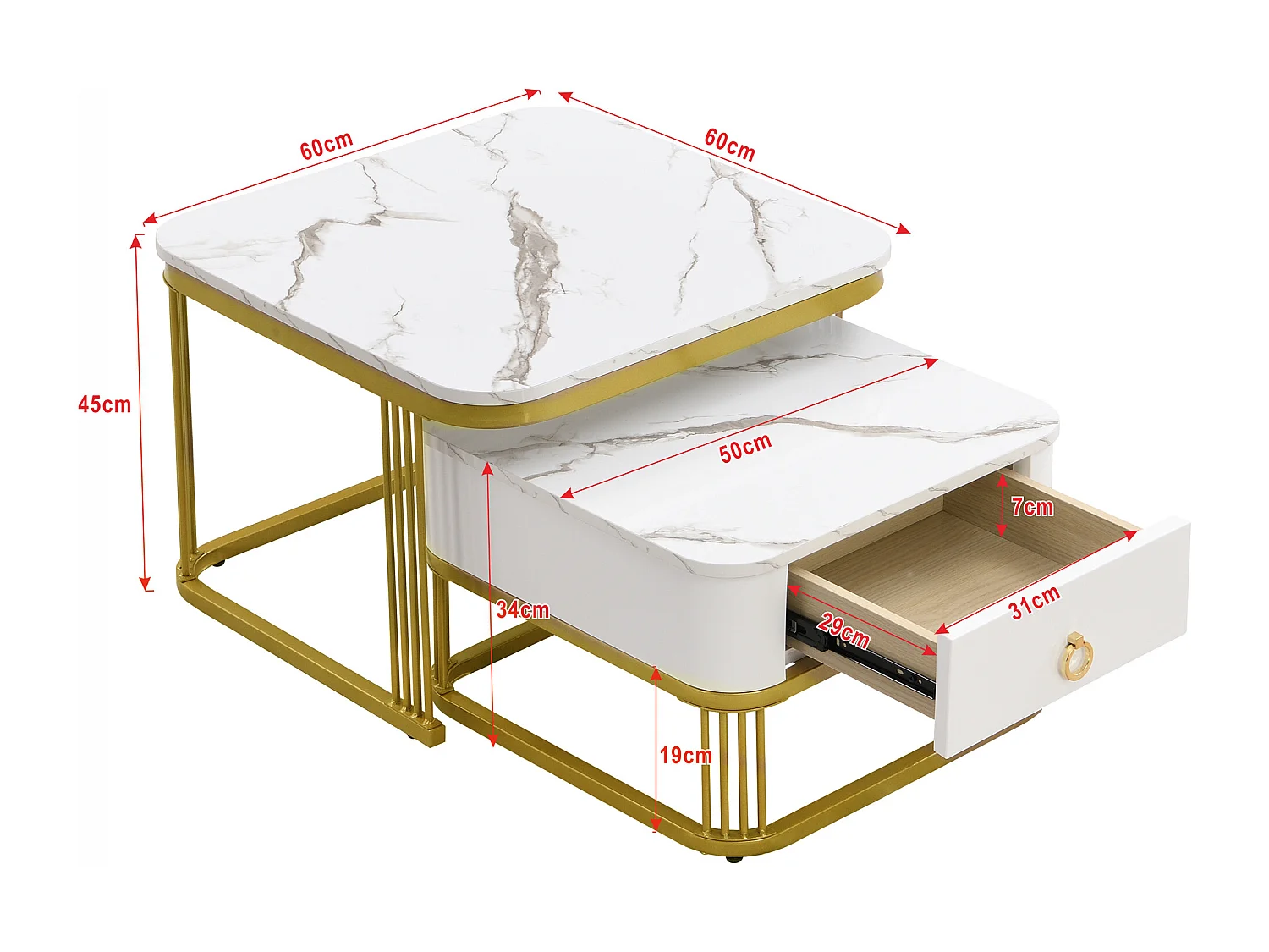 Set de 2 tables basses gigognes 60x60x45 cm, effet marbre brillant, avec tiroir, MDF blanc