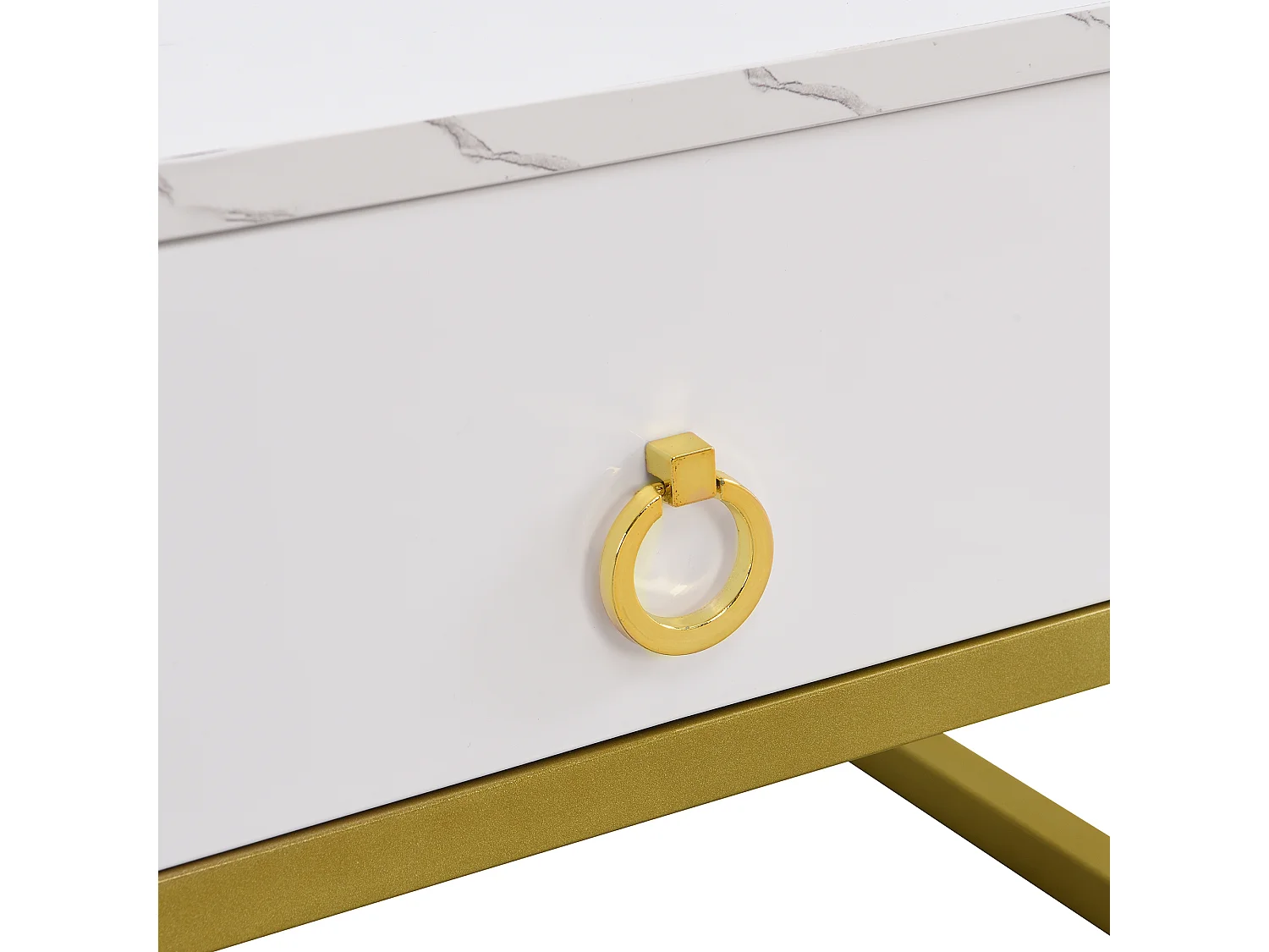 Set de 2 tables basses gigognes 60x60x45 cm, effet marbre brillant, avec tiroir, MDF blanc