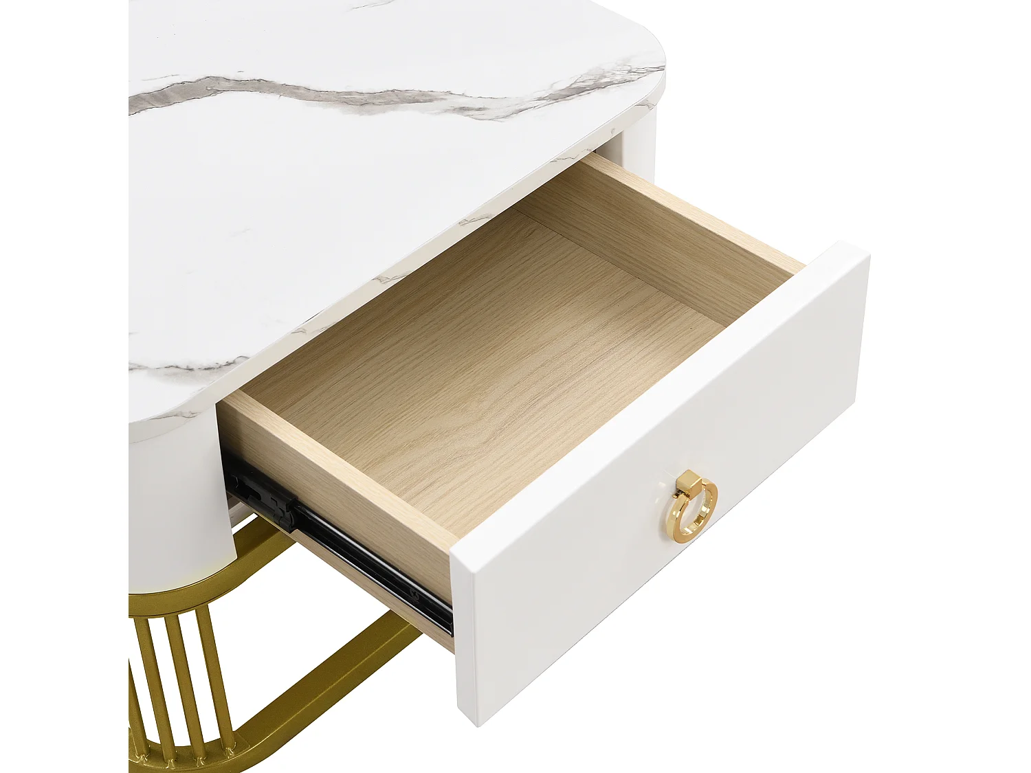 Set de 2 tables basses gigognes 60x60x45 cm, effet marbre brillant, avec tiroir, MDF blanc