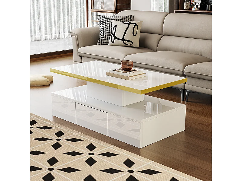 Table basse 100x50x38.5cm Avec lumière LED avec tiroir Espace de rangement Matériel Panneau de particules Blanc pour salon