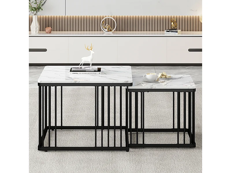 Lot de 2 tables basses 60x60x45cm+45x45x40cm marbre brillant pieds réglables Blanc