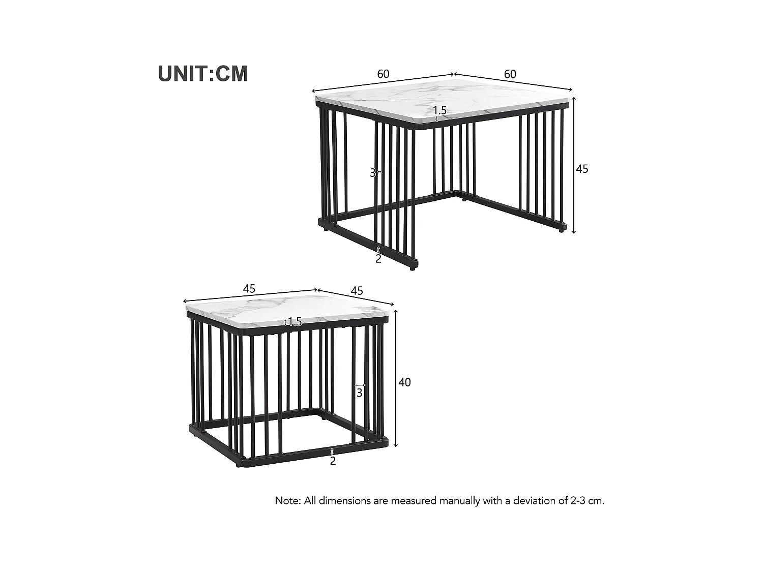 Set van 2 salontafels 60x60x45cm + 45x45x40cm glanzend marmer verstelbare poten Wit