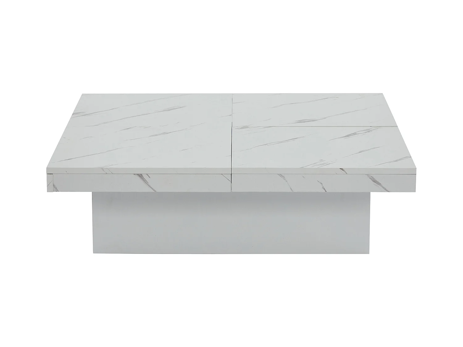 Table basse 90x90x25 cm carré moderne blanc effet marbre avec 4 tiroirs et plateau coulissant Blanc pour salon