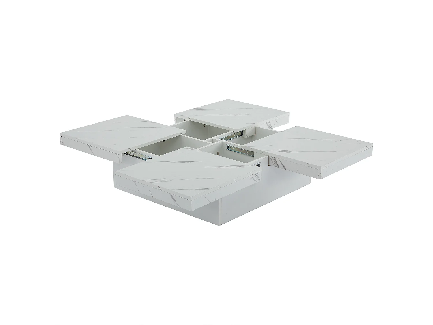 Table basse 90x90x25 cm carré moderne blanc effet marbre avec 4 tiroirs et plateau coulissant Blanc pour salon