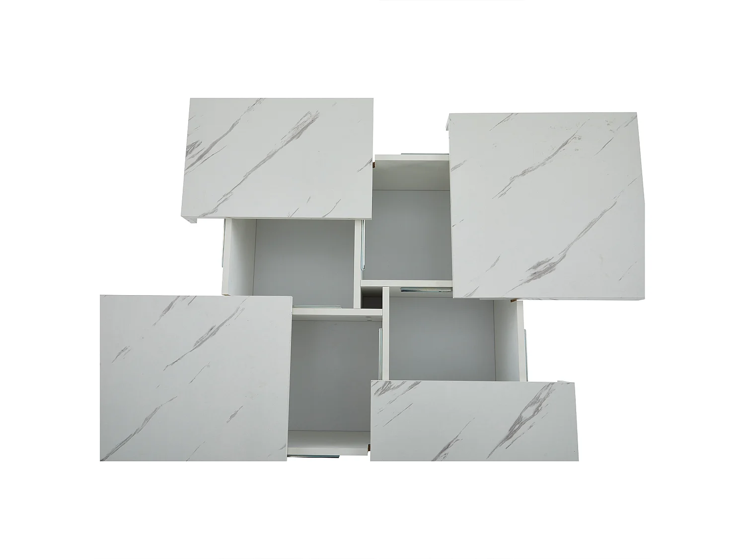 Table basse 90x90x25 cm carré moderne blanc effet marbre avec 4 tiroirs et plateau coulissant Blanc pour salon