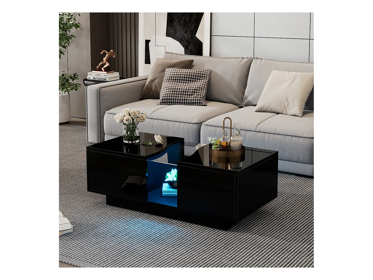 Table basse LED 100x50x35 cm 2 tiroirs acrylique brillant MDF noir salon chambre