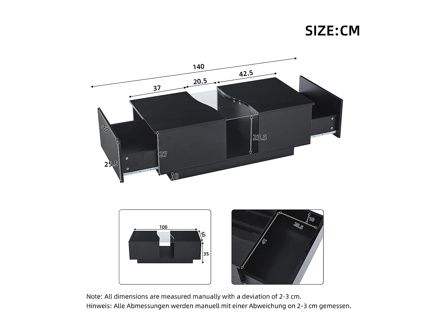 Table basse LED 100x50x35 cm 2 tiroirs acrylique brillant MDF noir salon chambre