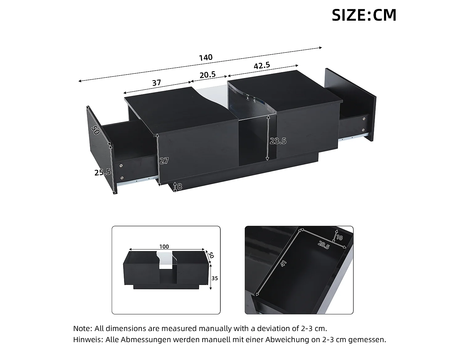 Table basse LED 100x50x35 cm 2 tiroirs acrylique brillant MDF noir salon chambre