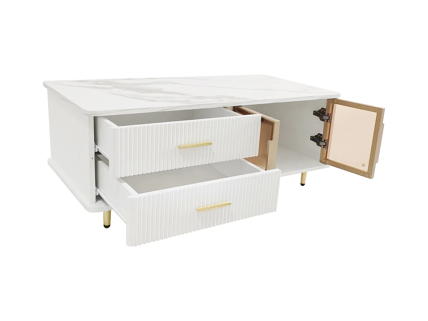 Table basse 100x50x40cm Deux tiroirs deux portes LED variable Poignées dorées Matériel Particle Board Blanc