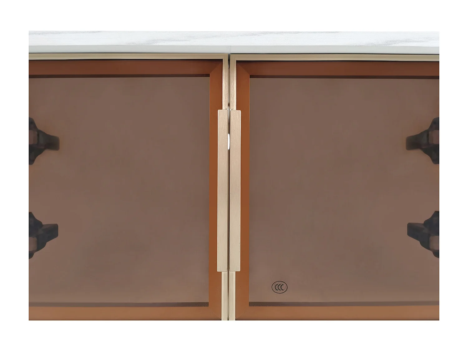 Table basse 100x50x40cm Deux tiroirs deux portes LED variable Poignées dorées Matériel Particle Board Blanc