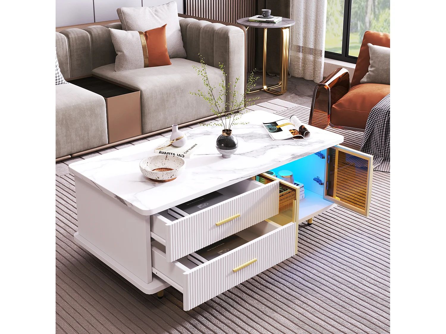 Table basse 100x50x40 cm, LED multicolore, 2 tiroirs et 2 portes, panneau de particules, blanc